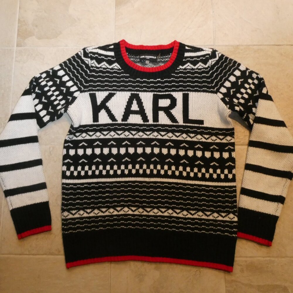 Karl Lagerfeld men's white/blue/red print long-sleeved sweater Size Small
